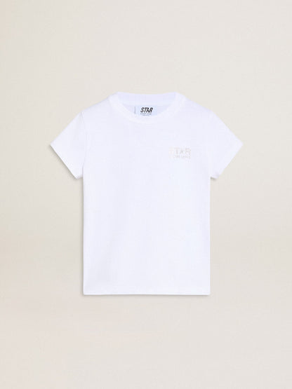Golden Goose White and silver T-shirt with logo and maxi star in silver glitter