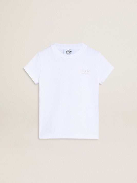 Golden Goose White and silver T-shirt with logo and maxi star in silver glitter