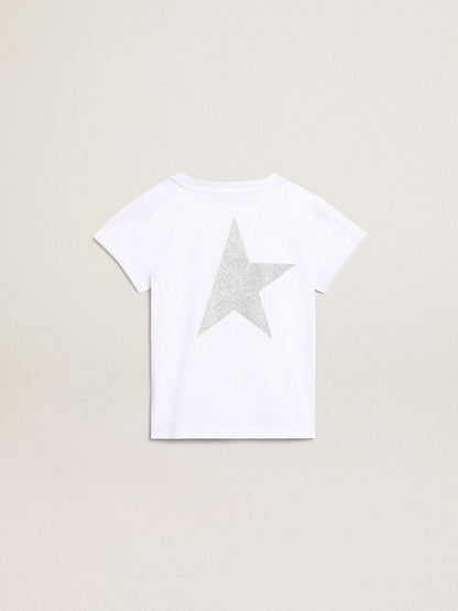 Golden Goose White and silver T-shirt with logo and maxi star in silver glitter