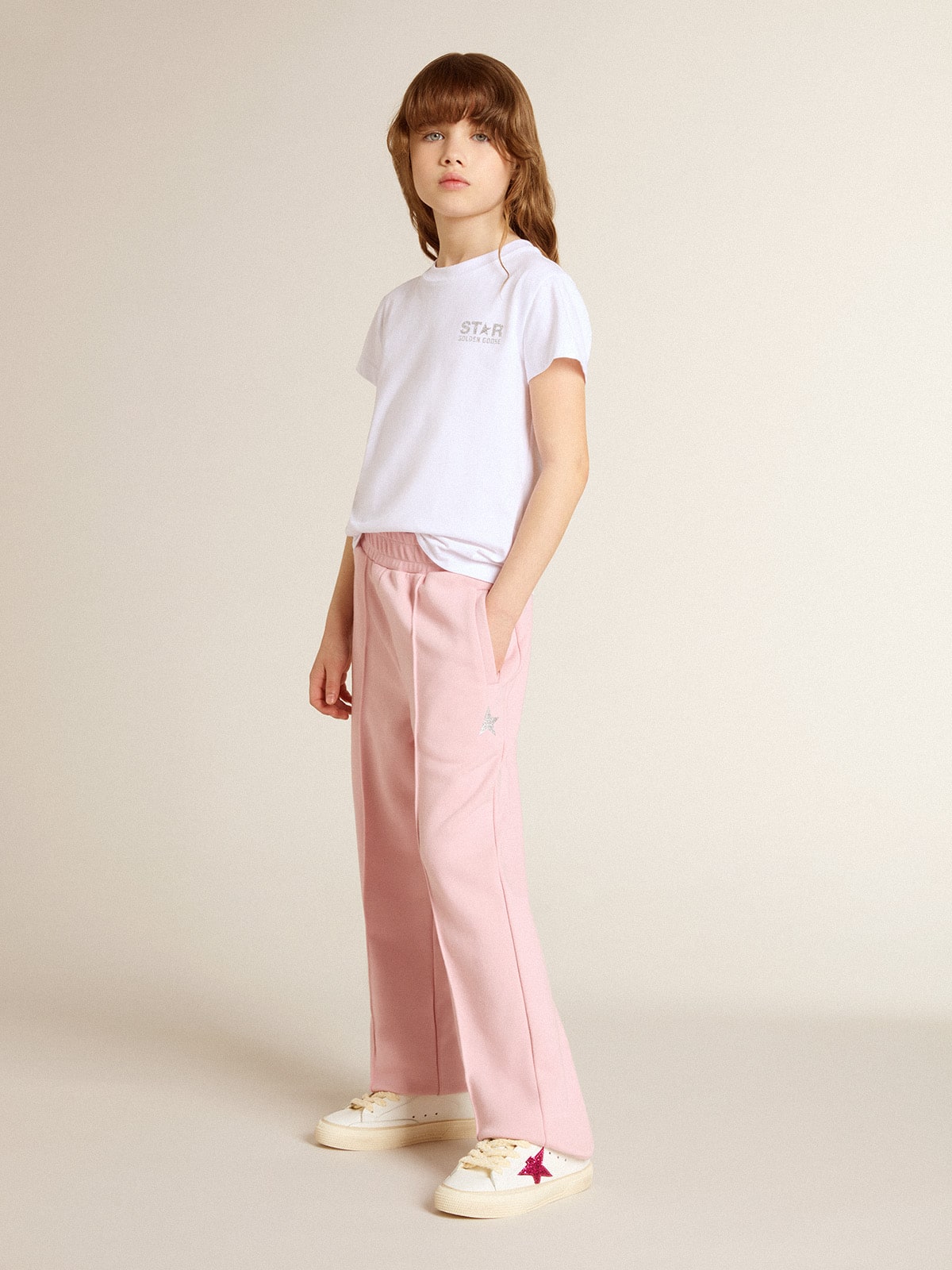 Golden Goose White and silver T-shirt with logo and maxi star in silver glitter
