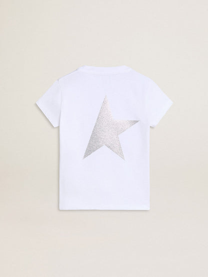 Golden Goose White and silver T-shirt with logo and maxi star in silver glitter