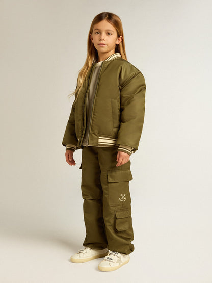 Golden Goose Kids military-green nylon bomber jacket with lettering on the back
