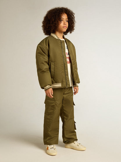 Golden Goose Kids military-green nylon bomber jacket with lettering on the back