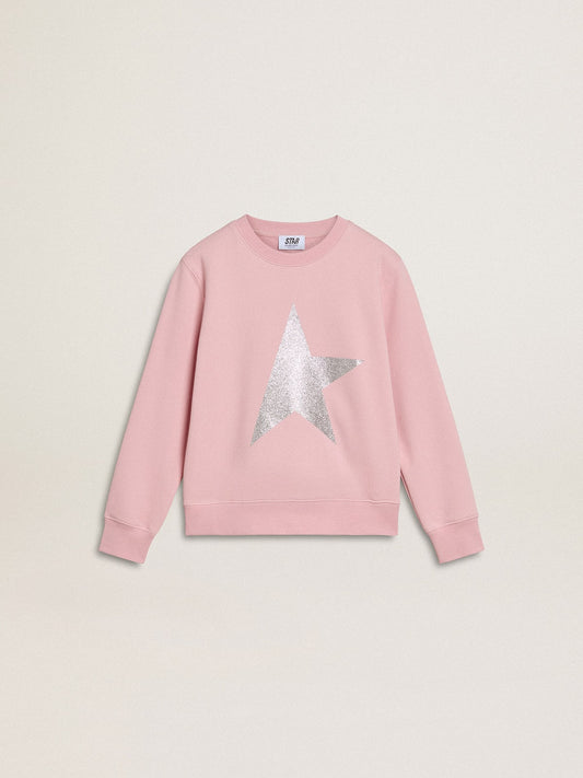 Golden Goose Pink sweatshirt with maxi star in silver glitter on the front