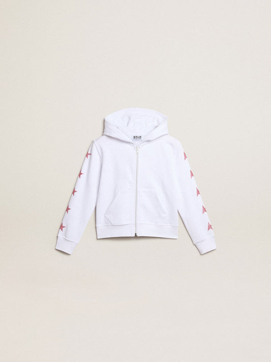 Golden Goose Girls’ zip-up sweatshirt in white with glitter stars on the sleeves