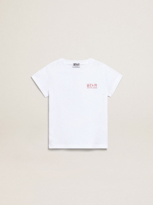 Golden Goose Girls’ white T-shirt with pink glitter logo and maxi star