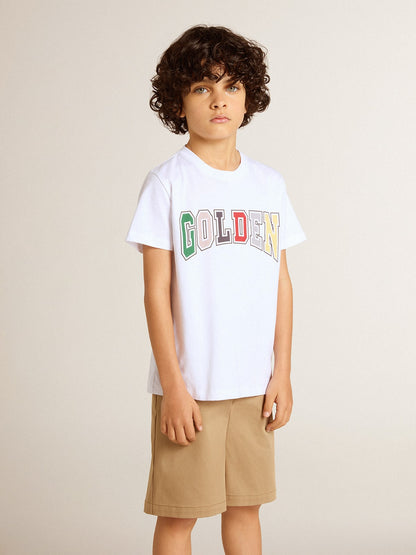 Golden Goose Boys' white T-shirt with multicolored Golden print
