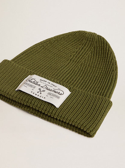Golden Goose Military-green cotton beanie with appliqué label on the front