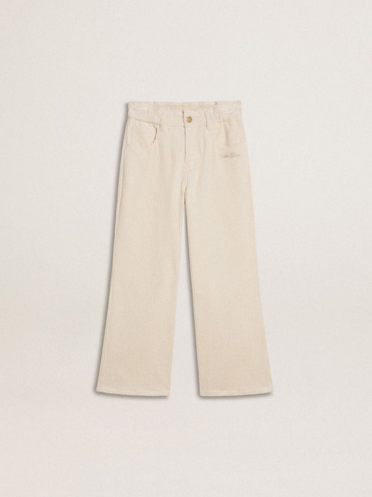 Golden Goose Girls’ wide ribbed cream-colored trousers with embroidery