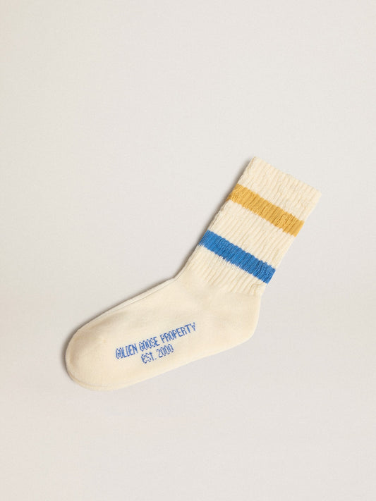 Golden Goose Worn white Kids socks with distressed details and two-tone bright blue and mustard stripes