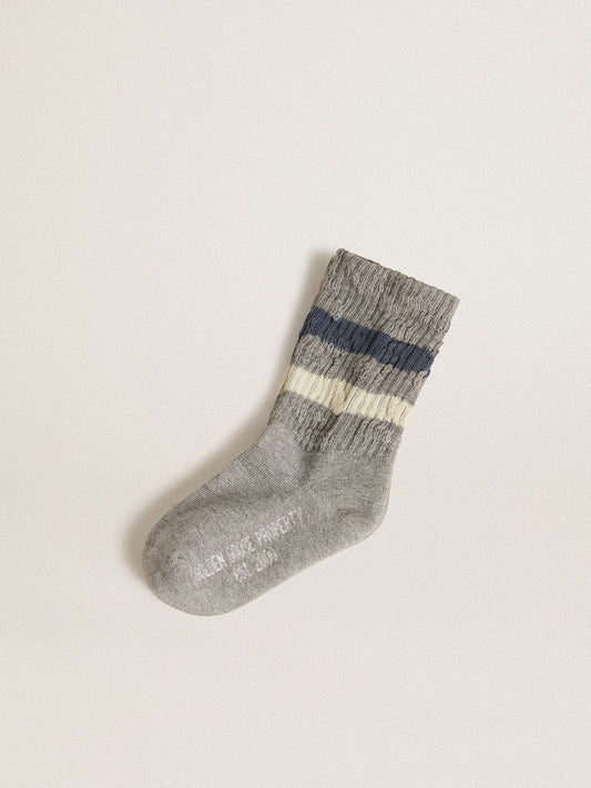 Golden Goose Kids’ gray socks with distressed details and worn-white and blue stripes