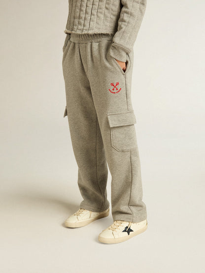 Golden Goose Gray melange cotton cargo joggers with embroidery
