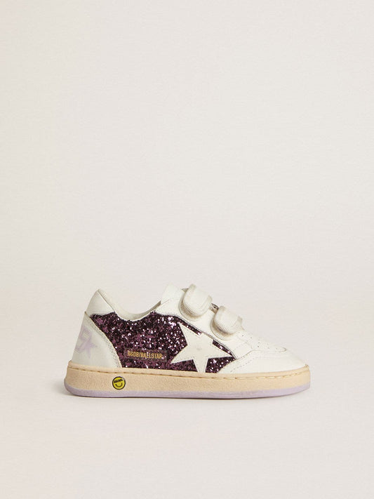Golden Goose Junior Ball Star in purple glitter with white leather star and heel tab