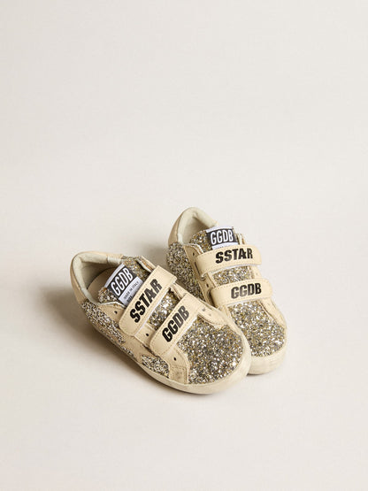Golden Goose Old School Junior in platinum glitter with leather star and heel tab