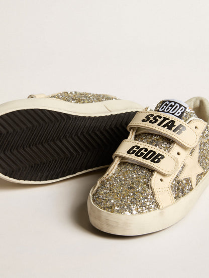 Golden Goose Old School Junior in platinum glitter with leather star and heel tab
