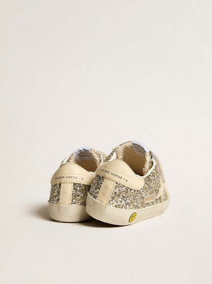 Golden Goose Old School Junior in platinum glitter with leather star and heel tab