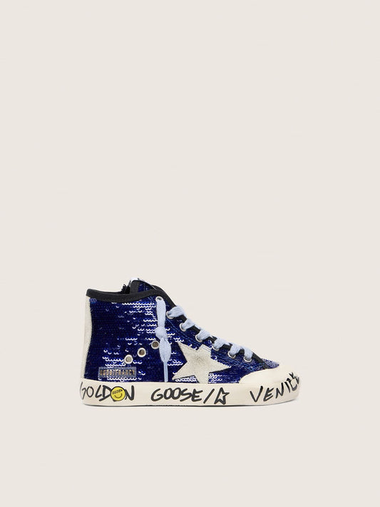Golden Goose Junior Francy Penstar in blue sequins with white suede star