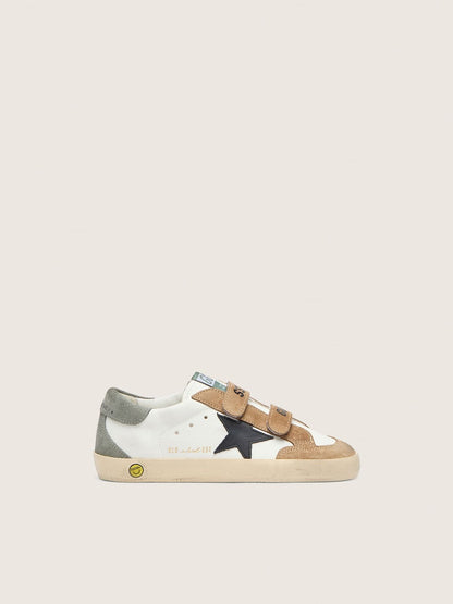 Golden Goose Junior Old School with black leather star and beige and green suede inserts