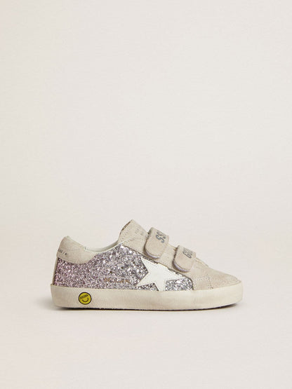 Golden Goose Junior Old School in silver and pink glitter with white leather star