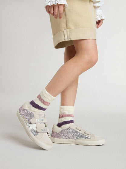 Golden Goose Junior Old School in silver and pink glitter with white leather star