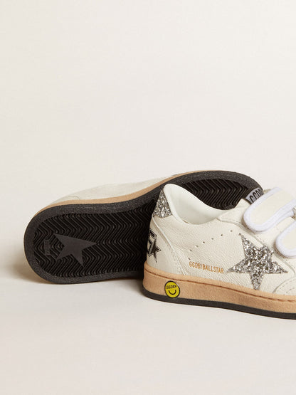 Golden Goose Ball Star Junior in nappa with silver glitter star and heel tab