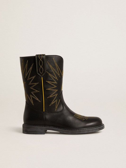Golden Goose Wish Young boots in black leather with yellow star embroidery