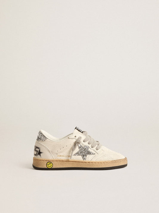Golden Goose Ball Star Junior in nappa with silver glitter star and heel tab