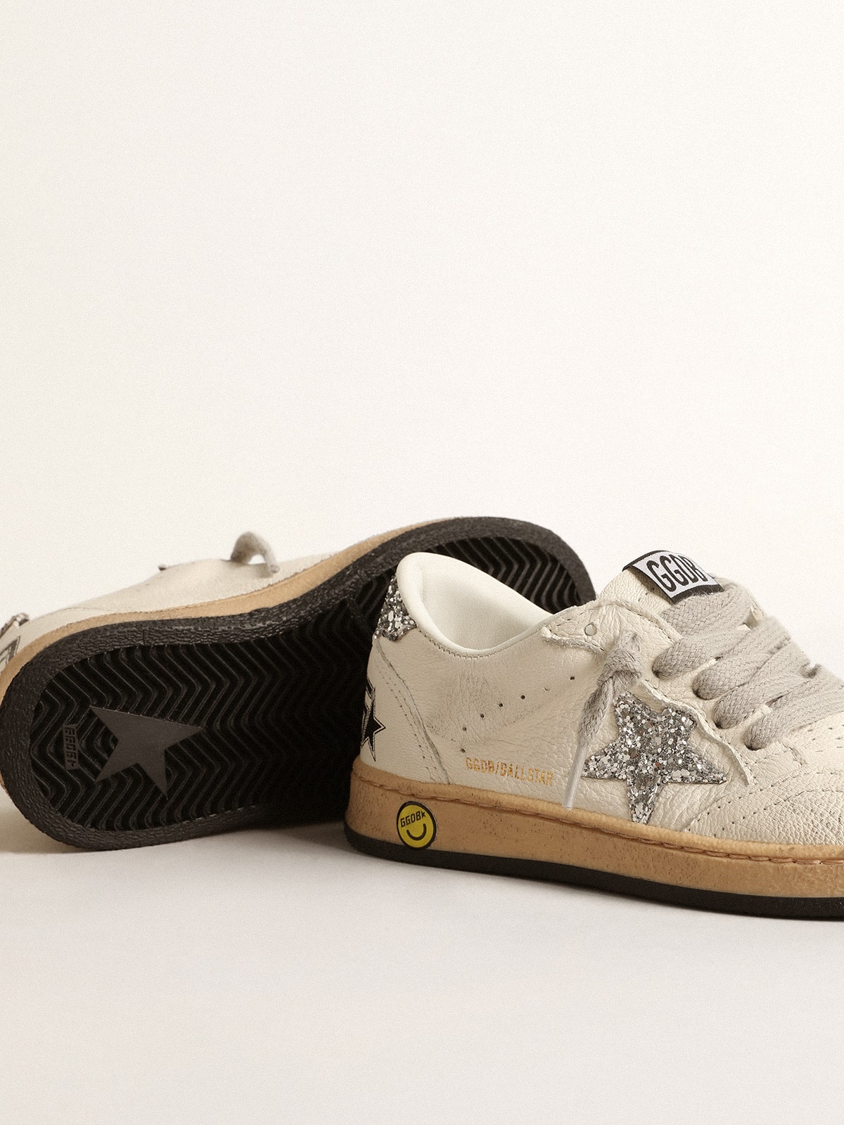 Golden Goose Ball Star Junior in nappa with silver glitter star and heel tab