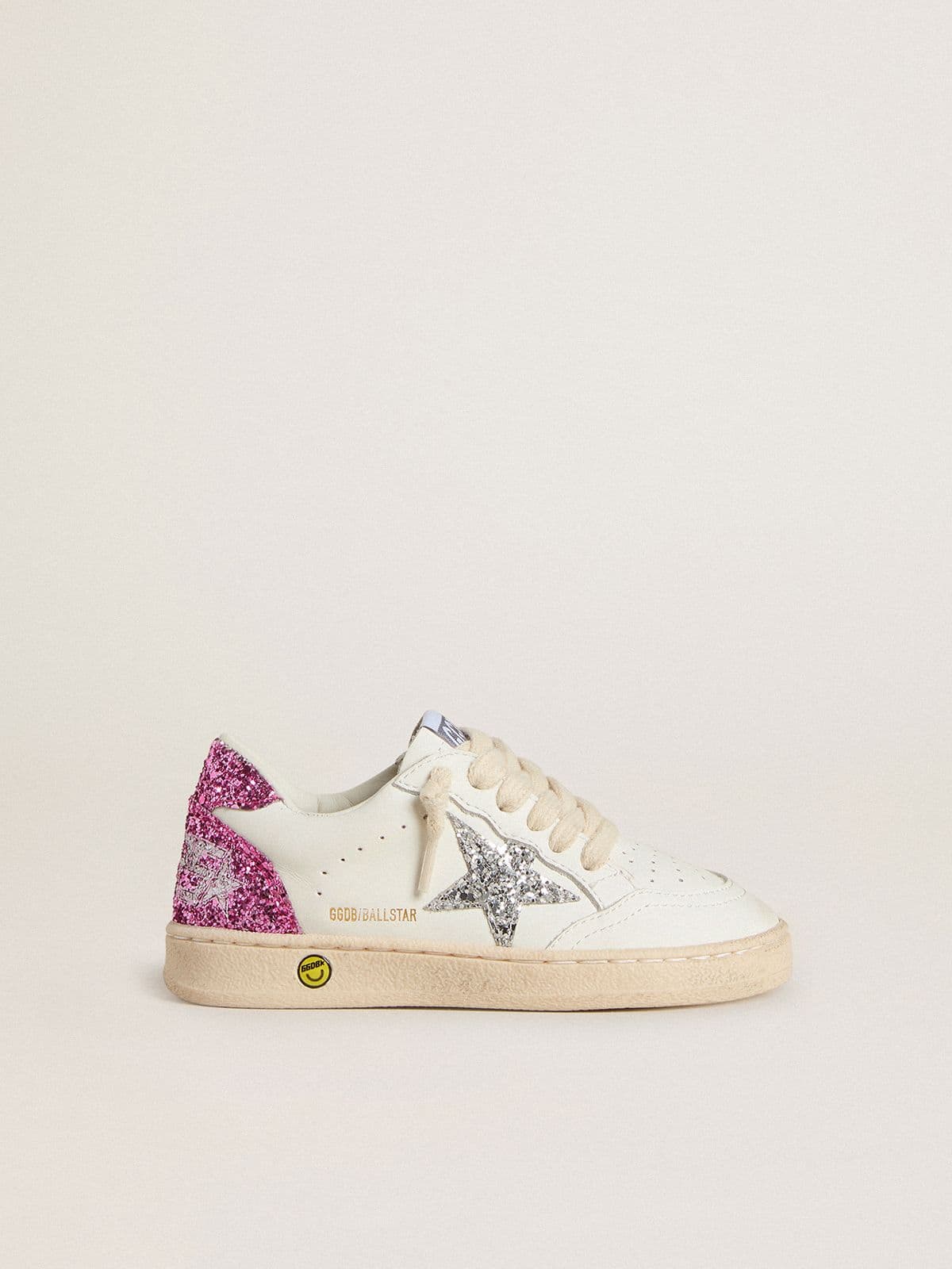 Golden Goose Junior Ball Star with silver glitter star and pink glitter heel tab