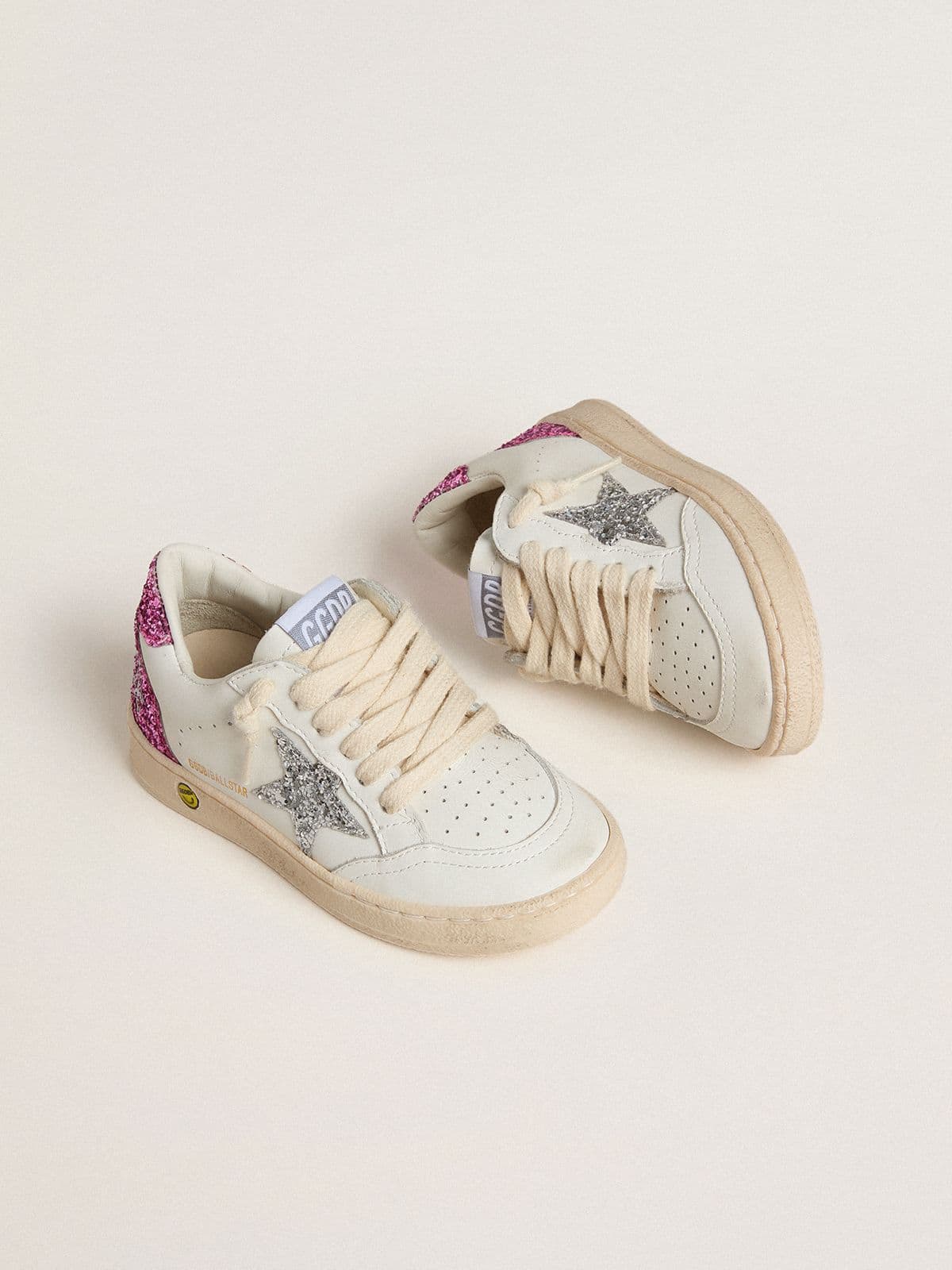 Golden Goose Junior Ball Star with silver glitter star and pink glitter heel tab