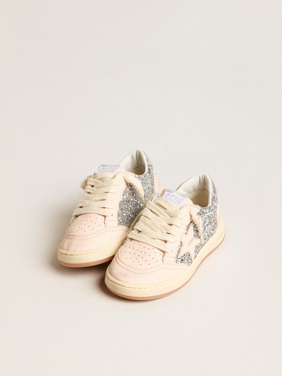Golden Goose Junior Ball Star in glitter with silver metallic leather heel tab