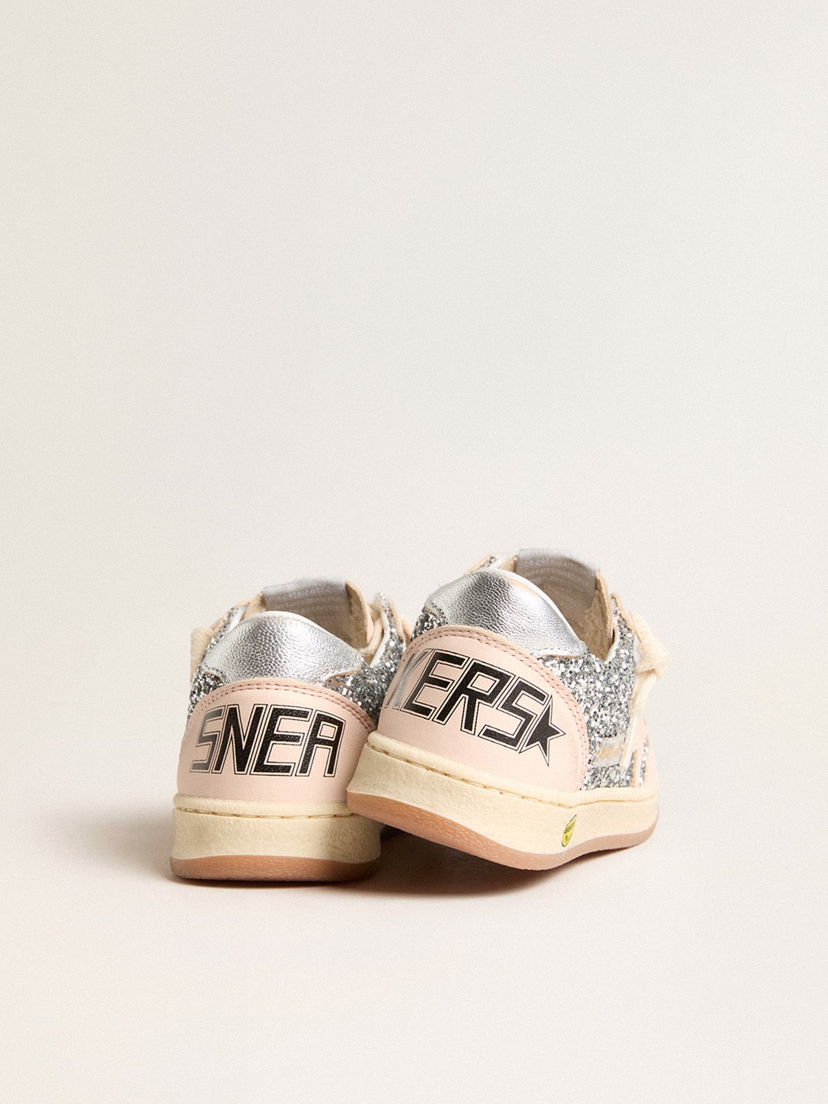 Golden Goose Junior Ball Star in glitter with silver metallic leather heel tab