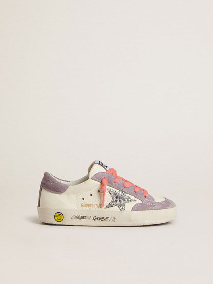 Golden Goose Junior Super-Star with silver glitter star and lilac suede inserts