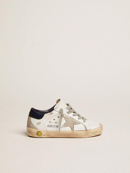 Golden Goose Junior Super-Star with gray suede star and blue heel tab