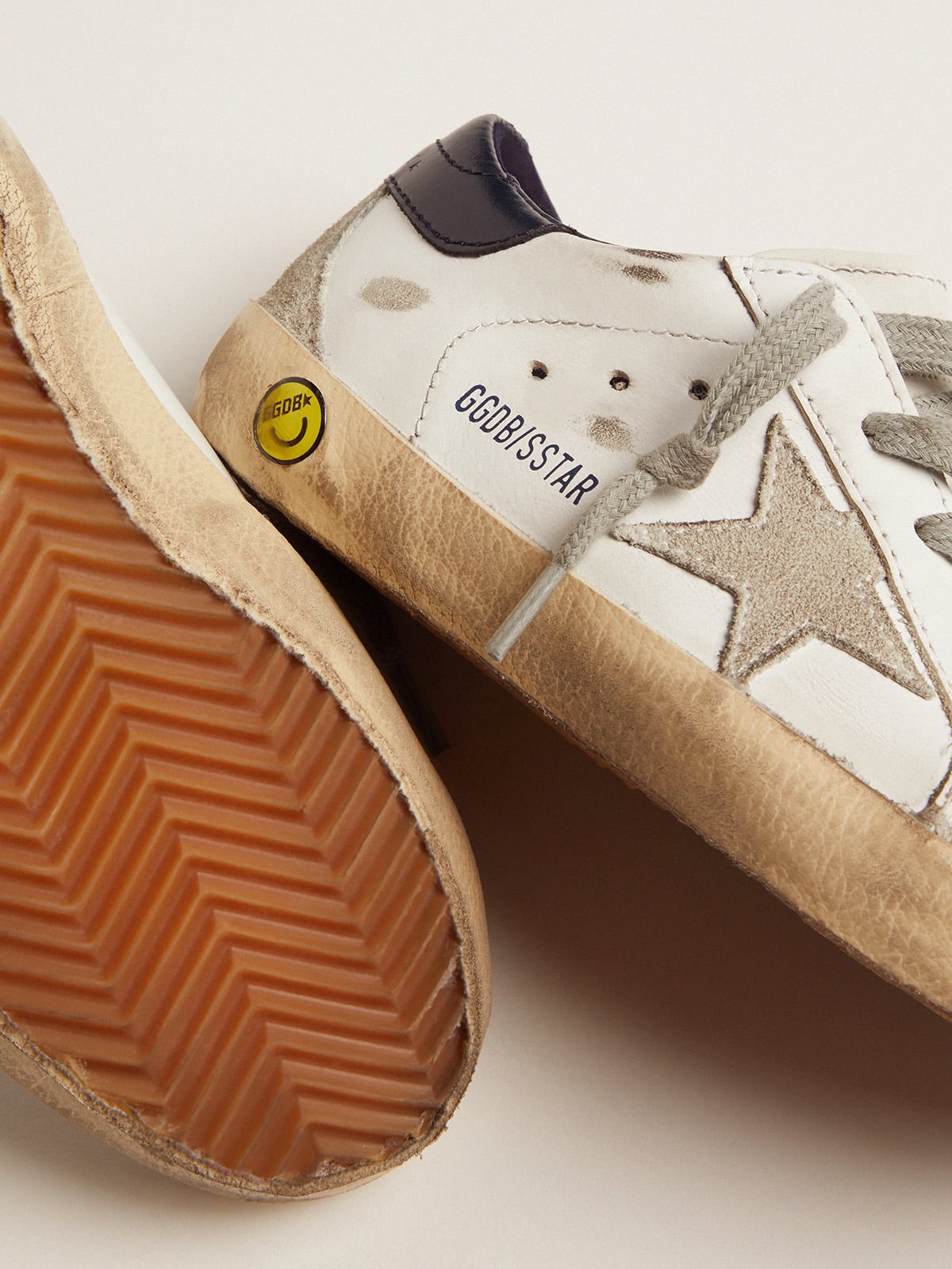 Golden Goose Junior Super-Star with gray suede star and blue heel tab