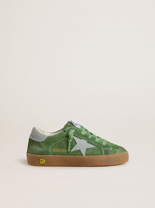 Golden Goose Junior Super-Star in green suede with baby blue star and heel tab