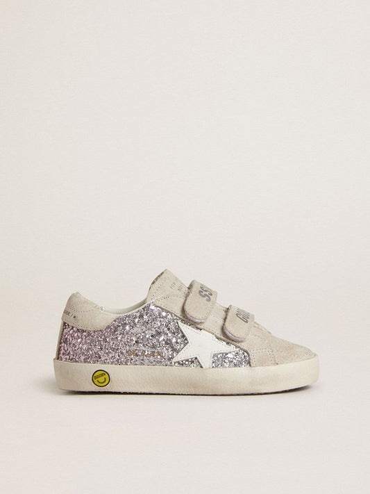 Golden Goose Teen Old School in silver and pink glitter with white leather star