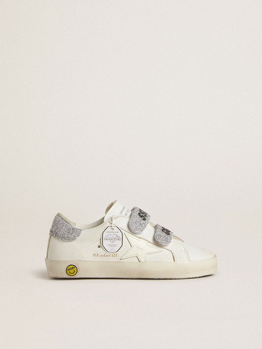 Golden Goose Young Old School in white leather with silver Swarovski crystal heel tab and straps