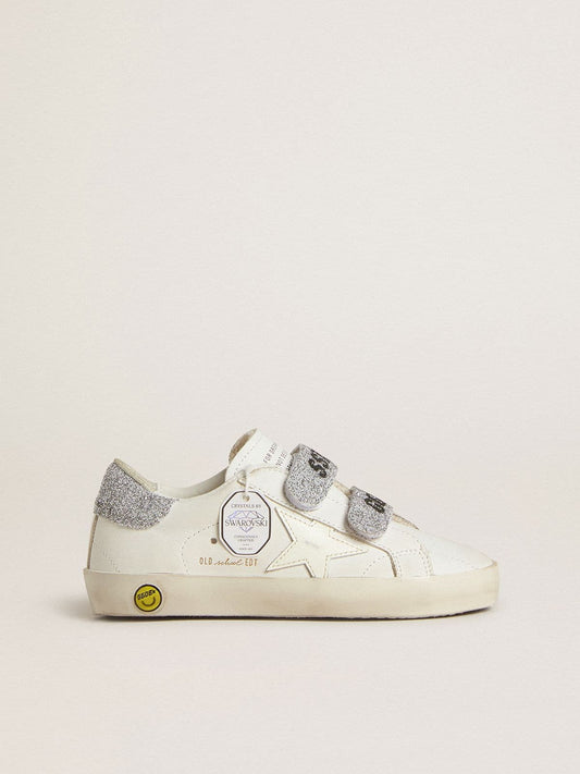 Golden Goose Teen Old School in white leather with silver Swarovski crystal heel tab and straps