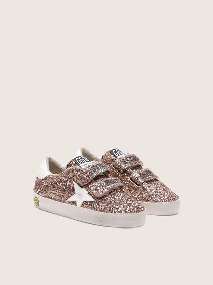 Golden Goose Young Old School in peach-colored glitter with white leather inserts