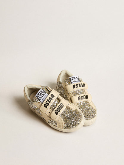 Golden Goose Old School Young in platinum glitter with leather star and heel tab