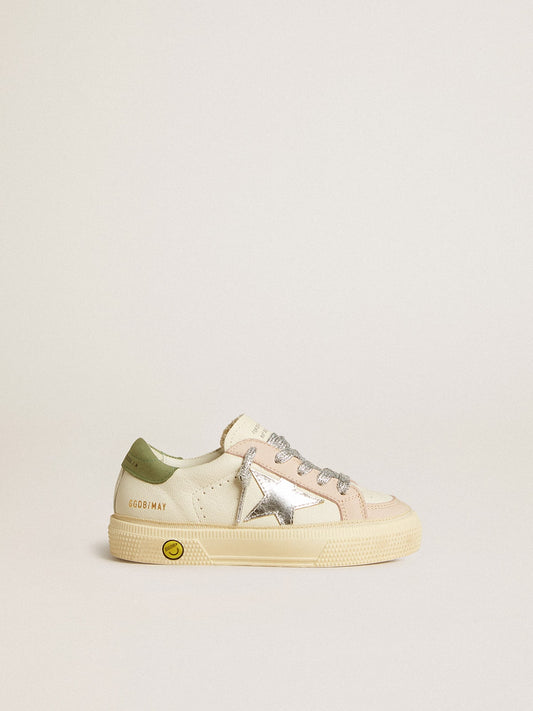 Golden Goose May Teen in nappa with silver star and olive green heel tab