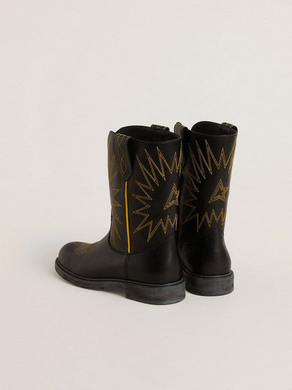Golden Goose Wish Junior boots in black leather with yellow star embroidery