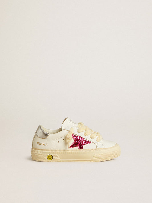 Golden Goose May Teen with fuchsia glitter star and laminated leather heel tab
