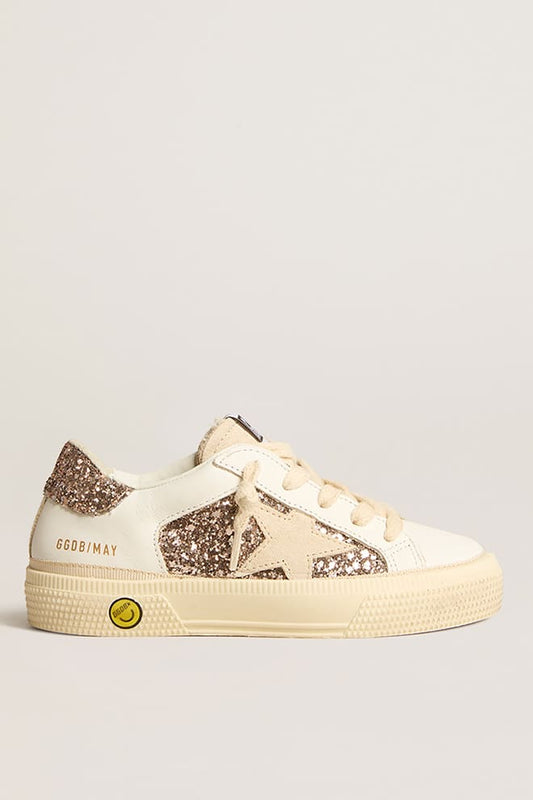 Golden Goose May Teen in white leather and rose gold glitter with beige suede star