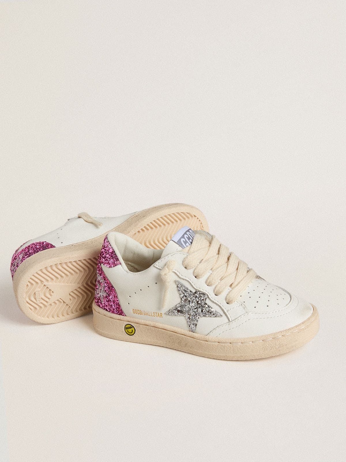 Golden Goose Young Ball Star with silver glitter star and pink glitter heel tab