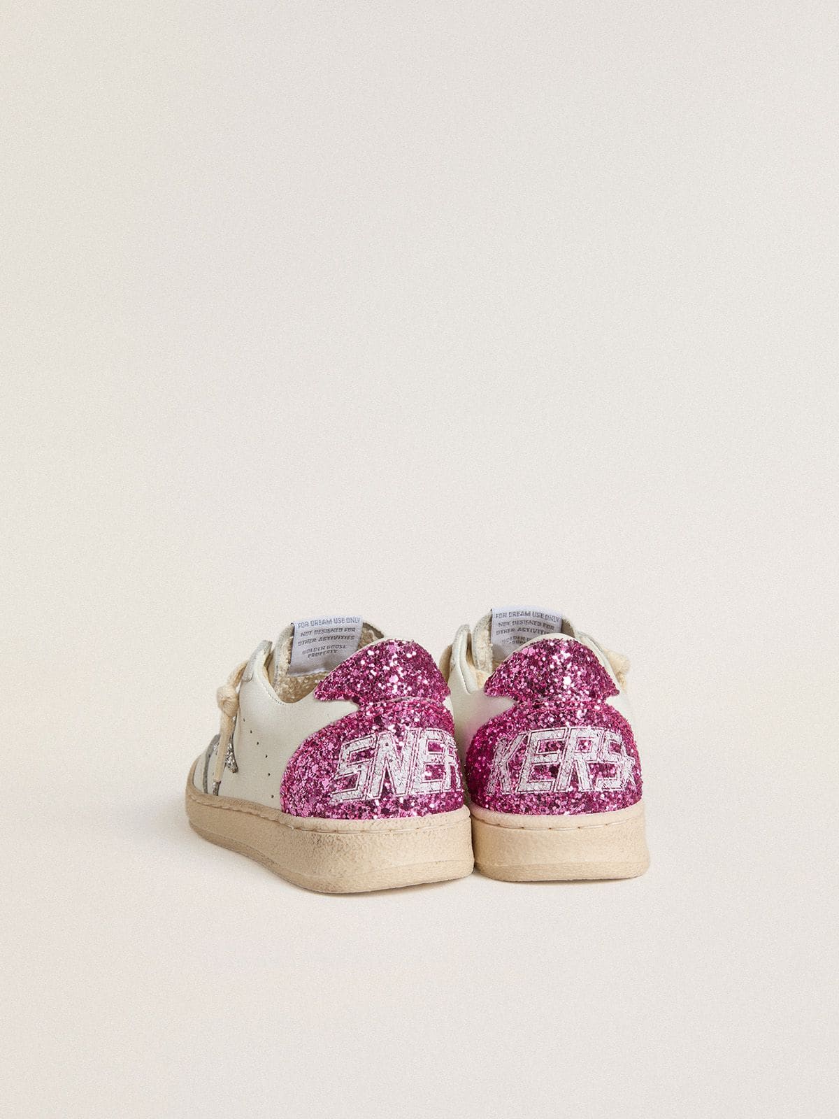 Golden Goose Young Ball Star with silver glitter star and pink glitter heel tab