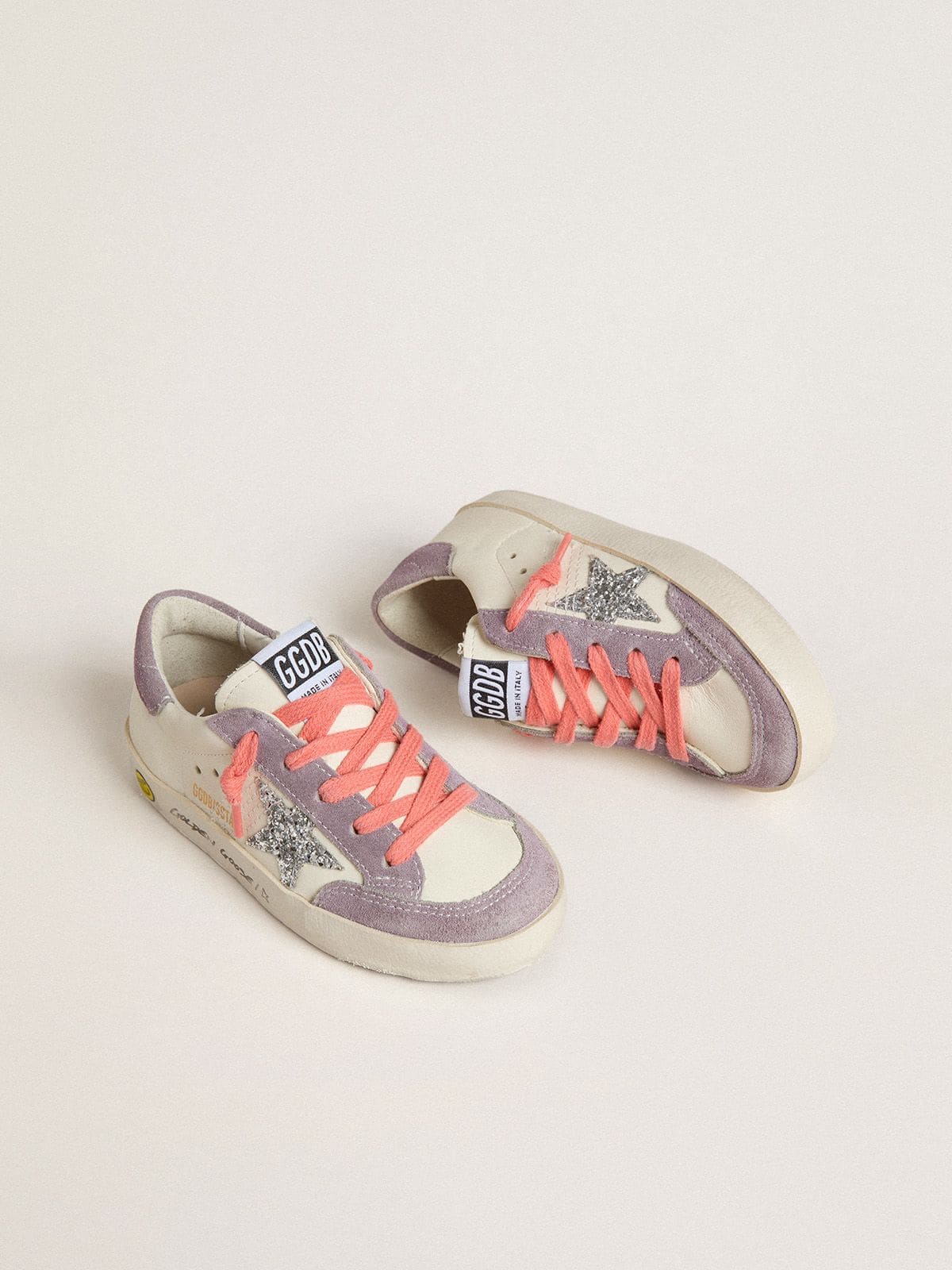 Golden Goose Young Super-Star with silver glitter star and lilac suede inserts
