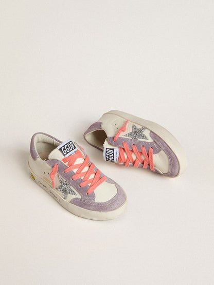 Golden Goose Young Super-Star with silver glitter star and lilac suede inserts