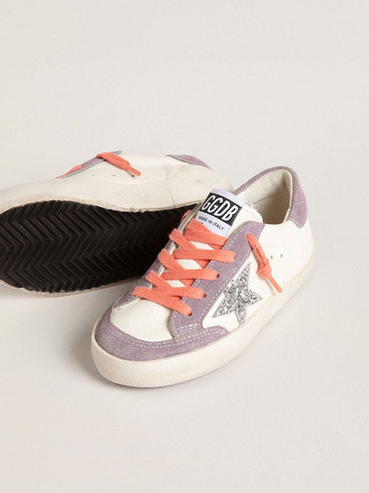 Golden Goose Young Super-Star with silver glitter star and lilac suede inserts